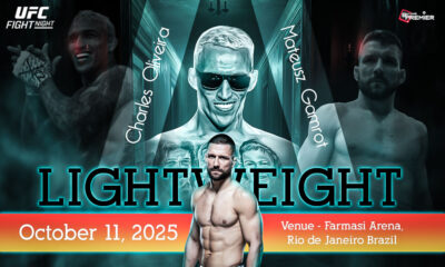 The image emphasizes that an elite UFC Fight Night world-competing match between Charles Oliveira and Mateusz Gamrot will view in the octagon.