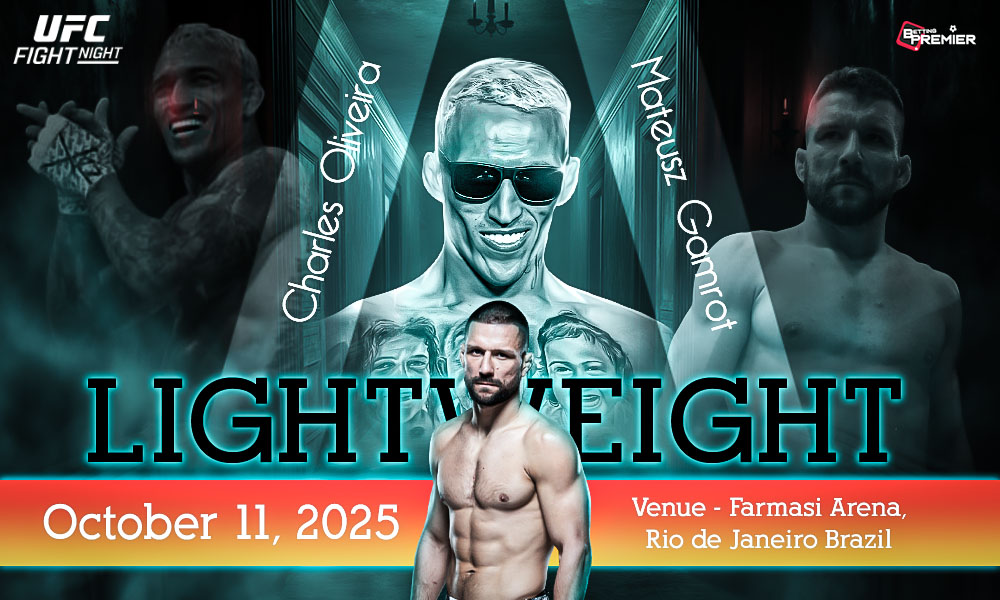 The image emphasizes that an elite UFC Fight Night world-competing match between Charles Oliveira and Mateusz Gamrot will view in the octagon.