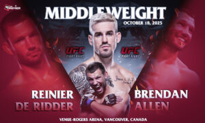 The image signifies UFC Fight Night will occur on October 18, 2025, between De Ridder and Allen, a top-tier fighters' encounter.