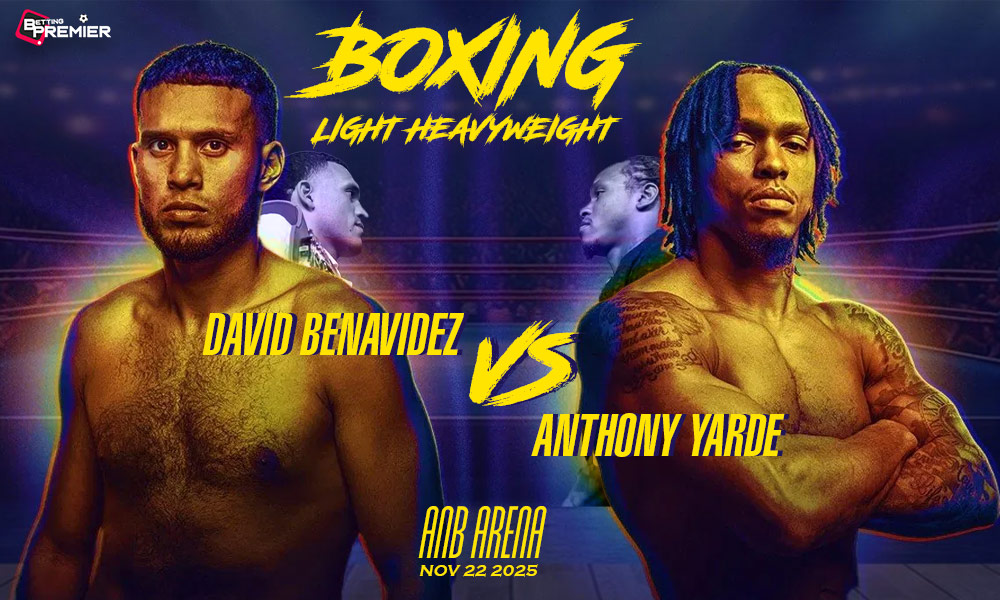 Image shows David Benavidez and Anthony Yarde facing off ahead of their upcoming fight.