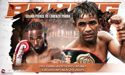 This image depicts a boxing world featuring an elite fight between Elijah Pierce and Lorenzo Parra on November 29, 2025.
