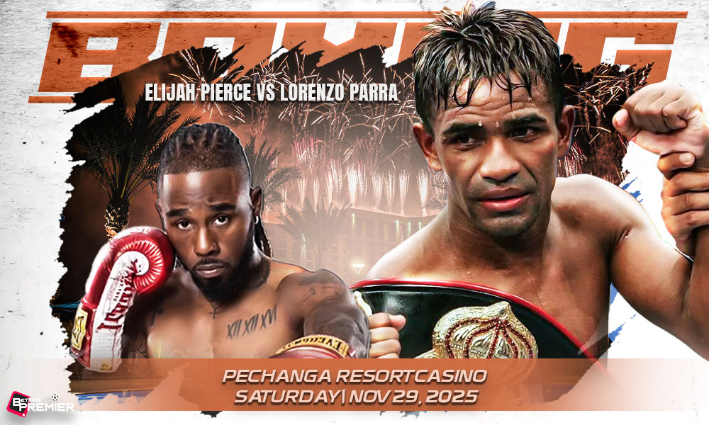 This image depicts a boxing world featuring an elite fight between Elijah Pierce and Lorenzo Parra on November 29, 2025.
