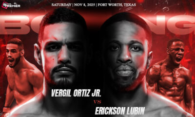 The image shows the fighter Vergil Ortiz Jr facing off against Erickson Lubin