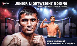 This poster shows the boxers, representing the Jessie Magdaleno vs Muhammadkhuja Yaqubov bout.