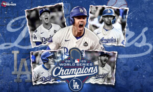 Image represents the trophy won by the Dodgers in the MLB World Series 2025