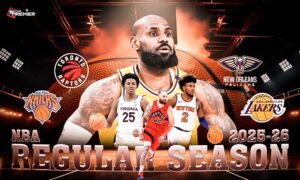 This poster shows players representing the upcoming NBA 2025-26 season clash