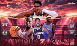 This image represents a poster depicting the NBA teams for the upcoming NBA Cup games.