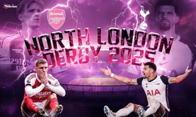 The pictures depict a football world celebrating the splendid performance of the Arsenal vs. Tottenham team in the North London Derby 2025.