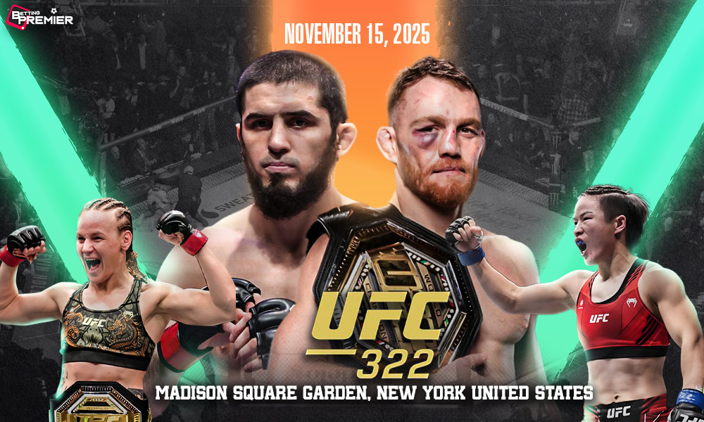 This image depicts UFC 322, featuring the MMA careers of the top fighters, Maddalena vs Makhachev and Shevchenko vs Weili, in the octagon.