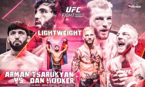 The pictures depict an MMA world featuring the next UFC Fight Night match, Tsarukyan vs. Hooker, which will take place in Qatar.