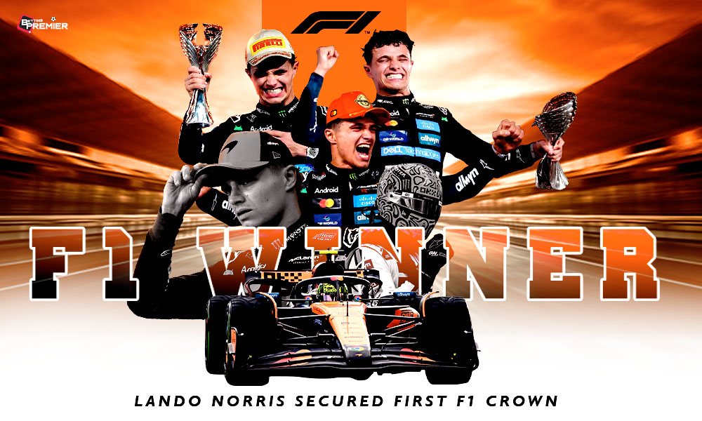 The image shows a motorsport world with a final race winner: Lando Norris in the F1 World Championship.