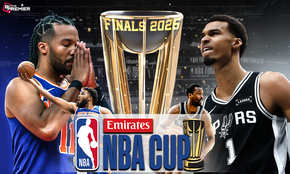 This poster represents the NBA Cup Finals 2025 Knicks vs Spurs prediction at T-Mobile Arena.