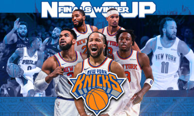 Image shows the 2025 NBA Cup champions, the New York Knicks, and their players.