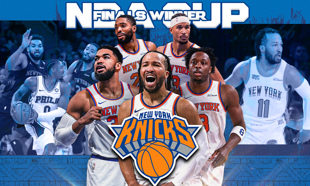 Image shows the 2025 NBA Cup champions, the New York Knicks, and their players.