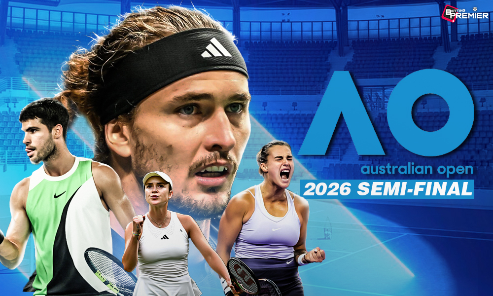 The image represents the Australian Open, where the semi-finalists for Men’s Singles and Women's Singles will have head-to-head clashes.