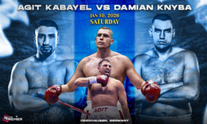 Image shows Agit Kabayel facing off against Damian Knyba for the upcoming fight