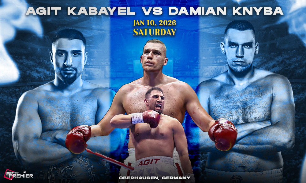 Image shows Agit Kabayel facing off against Damian Knyba for the upcoming fight