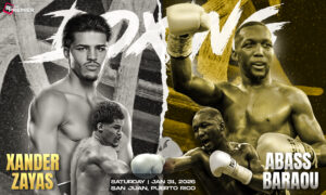 Image shows Xander Zayas vs. Abass Baraou facing off for the upcoming fight