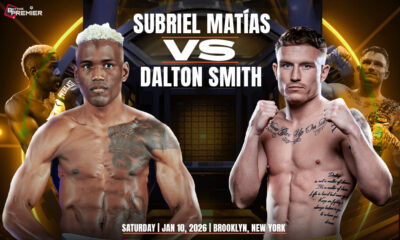 Image shows the fighters facing off for the Subriel Matías vs Dalton Smith bout.