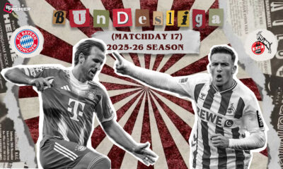 Image shows the upcoming Bundesliga game between Köln and Bayern and their key players.