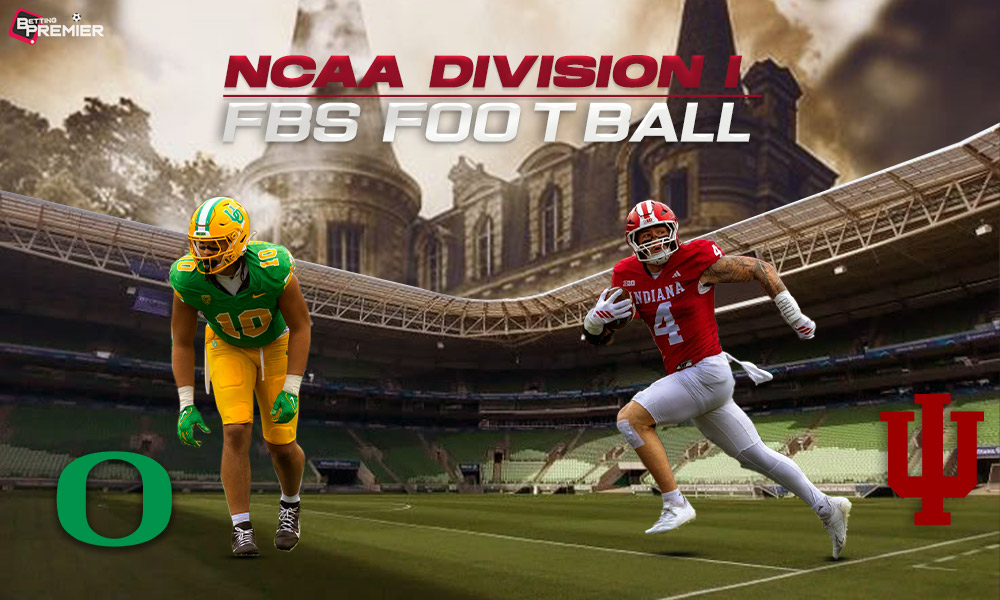 Image shows the key players in the Indiana Hoosiers vs. the Oregon Ducks game in NCAA Division I FBS Football.