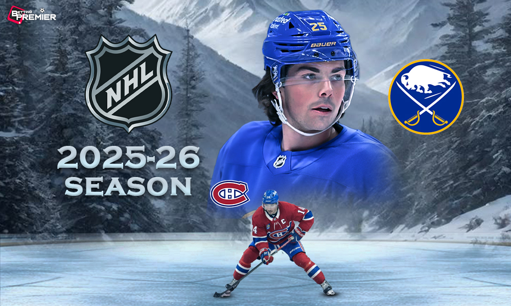 This poster shows the top team clash, Sabres vs Canadiens, in the NHL 2025-26 series.