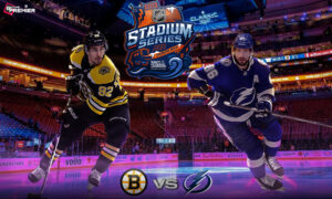 This poster announces the NHL Stadium Series 2026 between the Tampa Bay Lightning and the Boston Bruins, featuring head-to-head clashes.