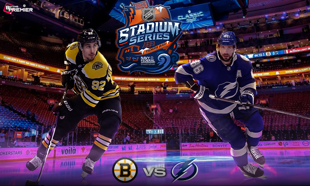 This poster announces the NHL Stadium Series 2026 between the Tampa Bay Lightning and the Boston Bruins, featuring head-to-head clashes.