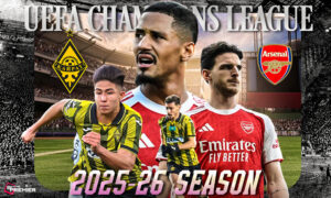 Image shows the Arsenal vs Kairat upcoming game in the UEFA Champions League.