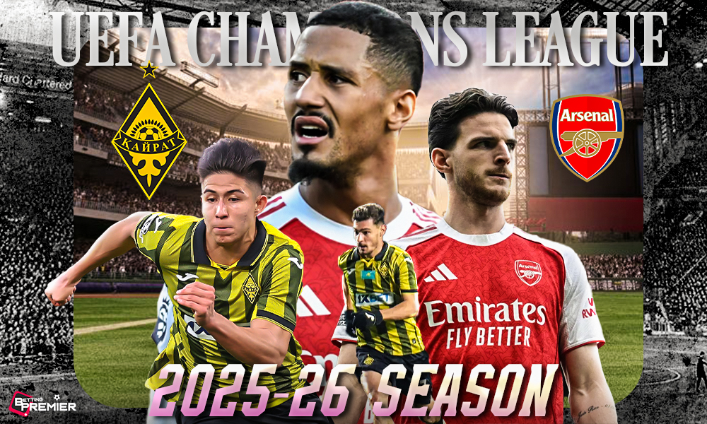 Image shows the Arsenal vs Kairat upcoming game in the UEFA Champions League.