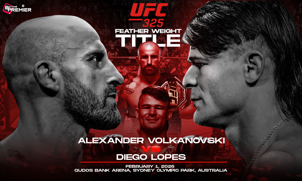 The image denotes a UFC 325 event between Volkanovski and Lopes 2 on February 1, 2026, in the octagon.