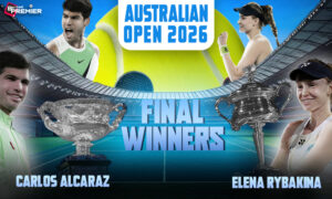 This image denotes Carlos Alcaraz as the men's singles winner and Elena Rybakina as the women's singles champion in the Australian Open 2026.