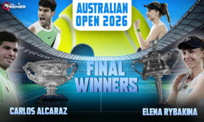 This image denotes Carlos Alcaraz as the men's singles winner and Elena Rybakina as the women's singles champion in the Australian Open 2026.