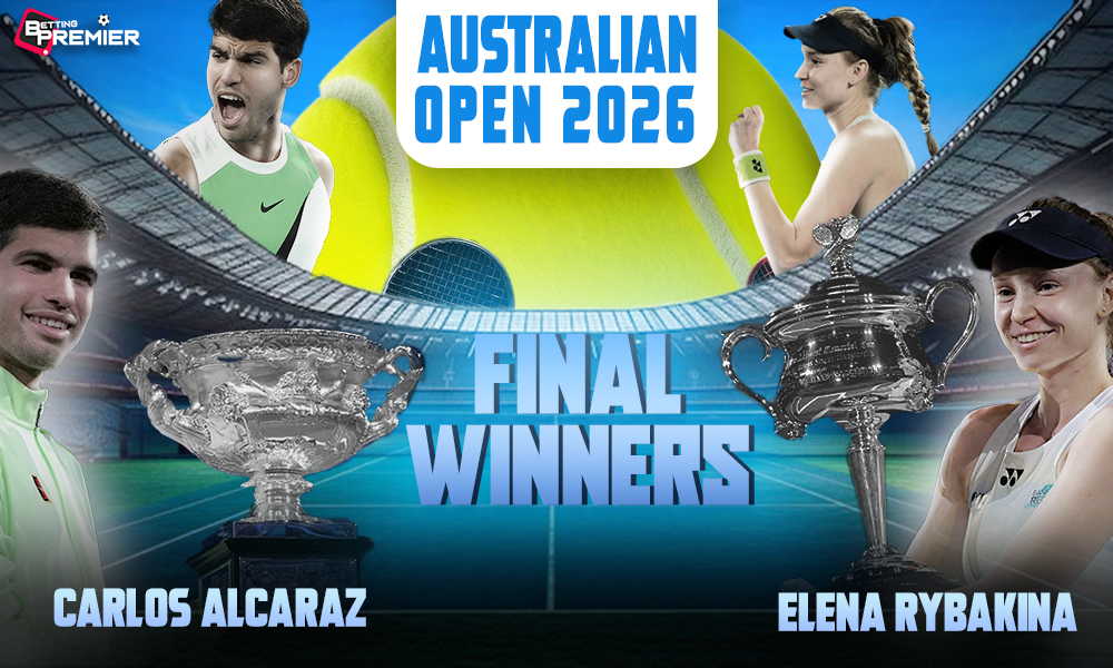 This image denotes Carlos Alcaraz as the men's singles winner and Elena Rybakina as the women's singles champion in the Australian Open 2026.