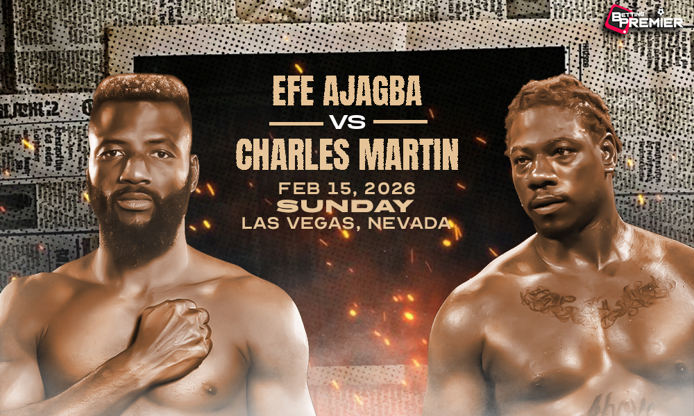 Image shows the Efe Ajagba vs Charles Martin boxing faceoff.