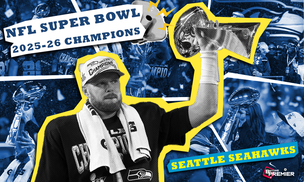 This poster shows teams representing the upcoming NFL Super Bowl LX.