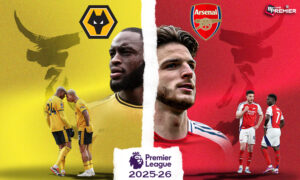 This image depicts a Premier League match between Arsenal and Wolves, with fans cheering.