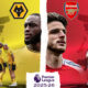 This image depicts a Premier League match between Arsenal and Wolves, with fans cheering.