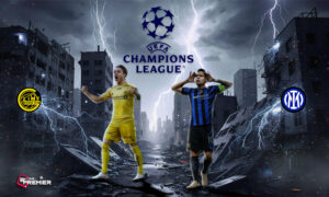 This poster depicts the Champions League playoff, where the top two clubs compete, observing the passion of fans.