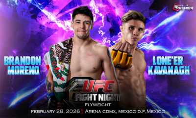 This poster represents a UFC Fight Night that features Moreno vs. Kavanagh for the flyweight title in the octagon.