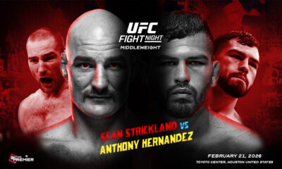 This poster announces a UFC Fight Night event featuring a Strickland vs. Hernandez Middleweight title clash.