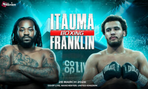 This poster displays Moses Itauma along with Jermaine Franklin for their fight at Co-op Live Arena, Manchester
