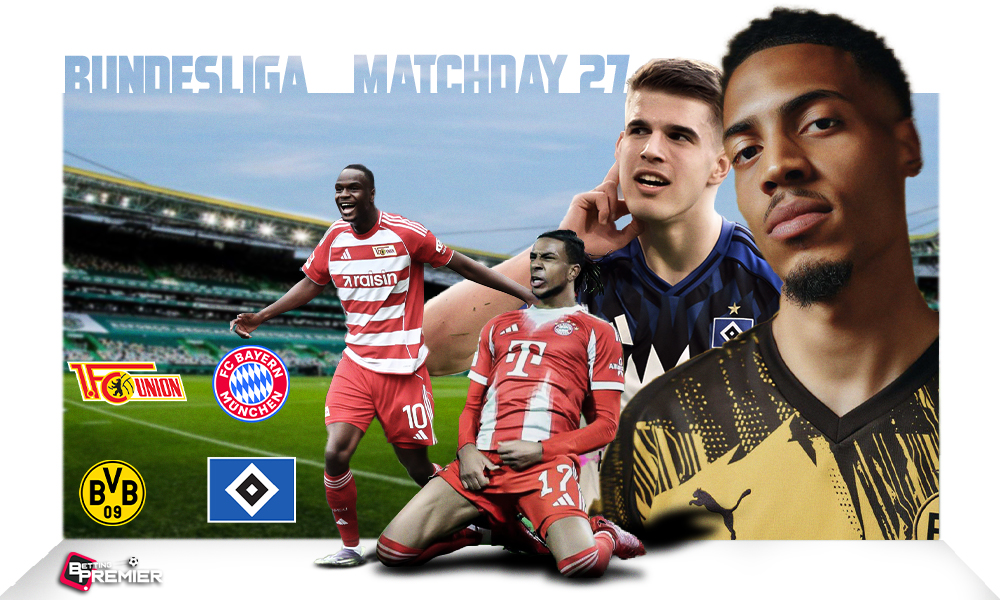 This poster shows German Division I football teams to represent Bundesliga Matchday 27 games.