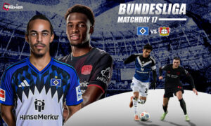 This poster shows football teams Hamburger and Leverkusen to represent the upcoming Bundesliga game, Hamburger vs Leverkusen.