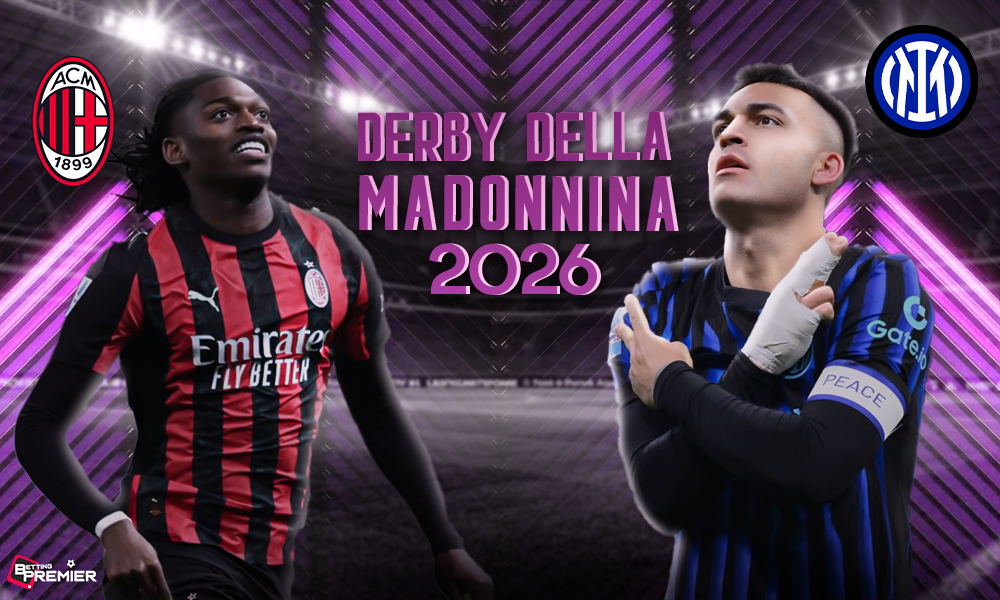 This image shows football teams AC Milan and Inter Milan, and their players, to represent the upcoming Derby Della Madonnina.