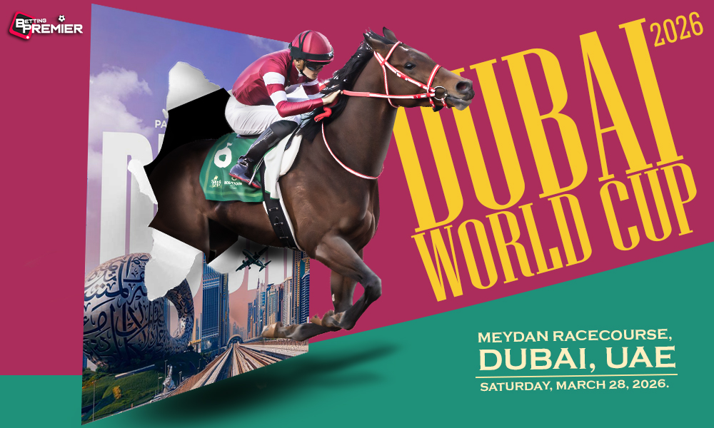The image shows the top horses competing at Meydan Racecourse in the Dubai World Cup 2026.