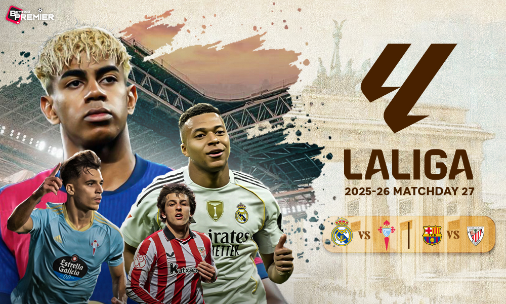 This poster shows football teams to represent the upcoming La Liga Matchday 27.