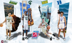 This poster shows basketball teams representing the upcoming NCAA March Madness tournament.