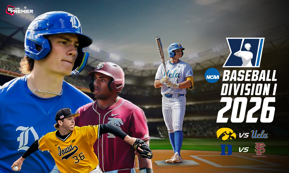 This poster shows teams representing upcoming NCAA Division I Baseball March games.