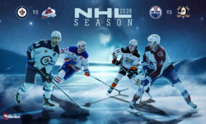 This poster features NHL teams such as the Colorado Avalanche, Winnipeg Jets, Oilers, and Ducks, who play upcoming games.